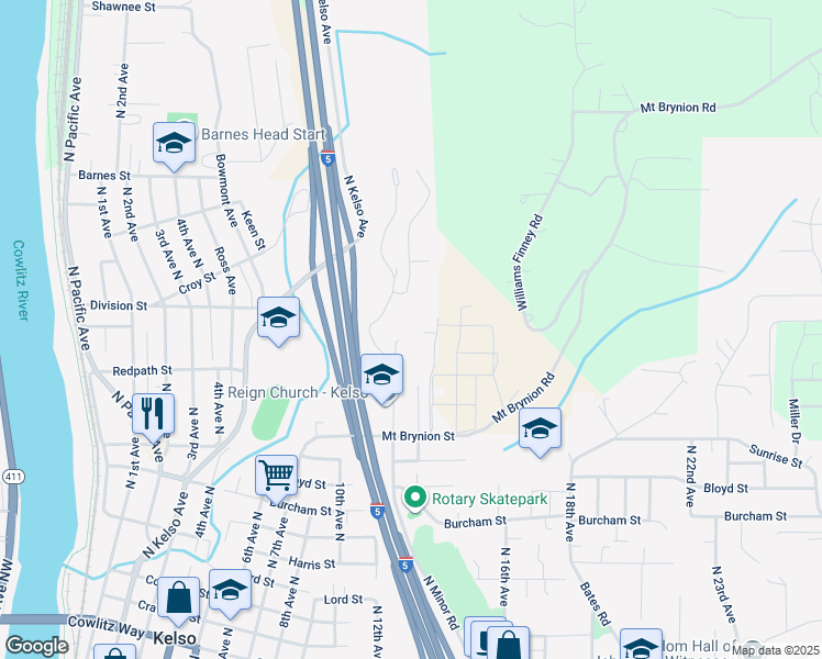 map of restaurants, bars, coffee shops, grocery stores, and more near 1308 N Minor Rd in Kelso