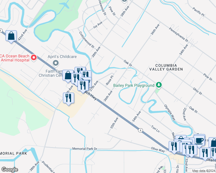 map of restaurants, bars, coffee shops, grocery stores, and more near 3614 Nebraska Street in Longview