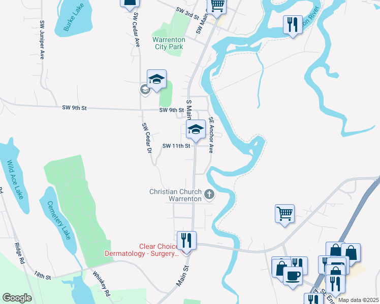 map of restaurants, bars, coffee shops, grocery stores, and more near 1185 South Main Avenue in Warrenton
