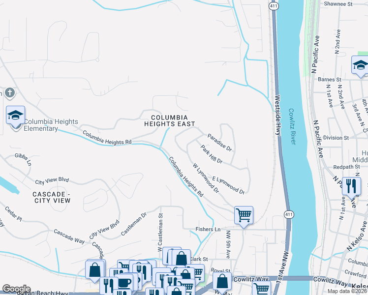 map of restaurants, bars, coffee shops, grocery stores, and more near 2431 West Lynnwood Drive in Longview