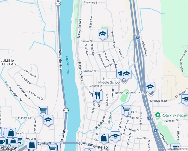 map of restaurants, bars, coffee shops, grocery stores, and more near 1216 North 1st Avenue in Kelso