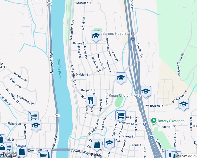 map of restaurants, bars, coffee shops, grocery stores, and more near 1217 3rd Avenue North in Kelso