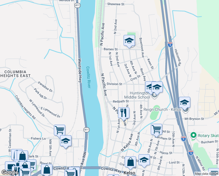 map of restaurants, bars, coffee shops, grocery stores, and more near 105 Ineer Street in Kelso