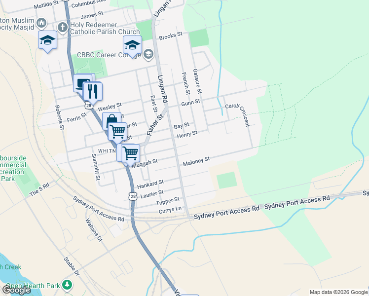 map of restaurants, bars, coffee shops, grocery stores, and more near 87 Maloney Street in Sydney