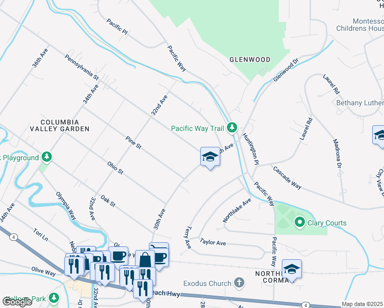 map of restaurants, bars, coffee shops, grocery stores, and more near 2647 30th Avenue in Longview