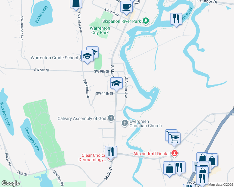 map of restaurants, bars, coffee shops, grocery stores, and more near 1700 Southeast Main Court in Warrenton