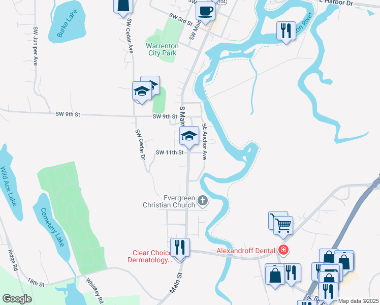 map of restaurants, bars, coffee shops, grocery stores, and more near 1700 Southeast Main Court in Warrenton