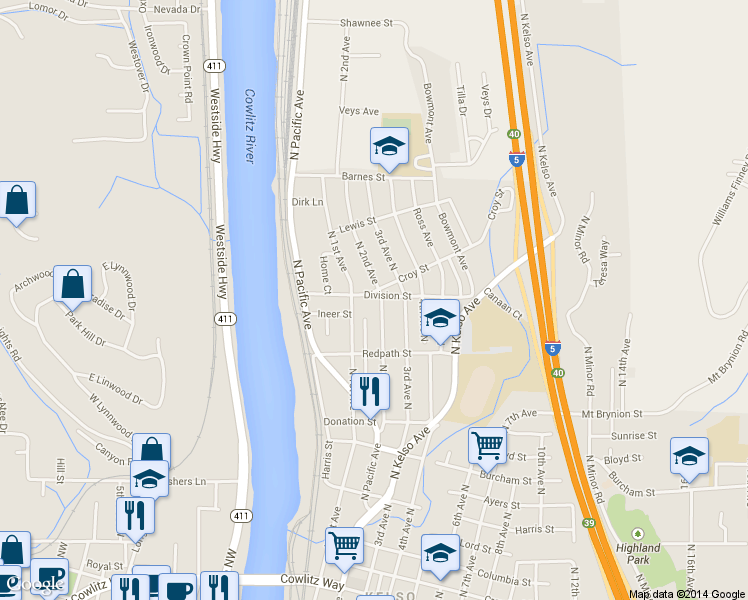 map of restaurants, bars, coffee shops, grocery stores, and more near 1212 North 2nd Avenue in Kelso