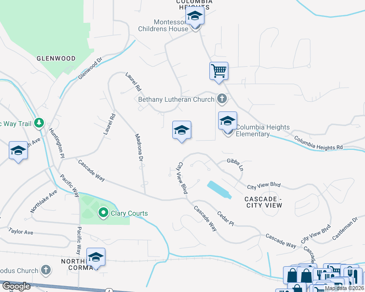 map of restaurants, bars, coffee shops, grocery stores, and more near 2821 Parkview Drive in Longview