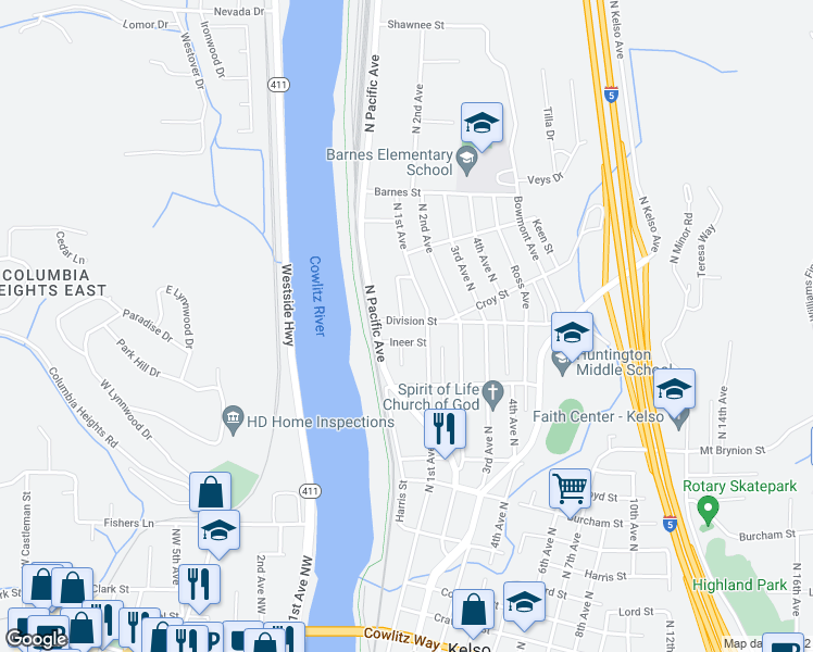 map of restaurants, bars, coffee shops, grocery stores, and more near 90 Division Street in Kelso