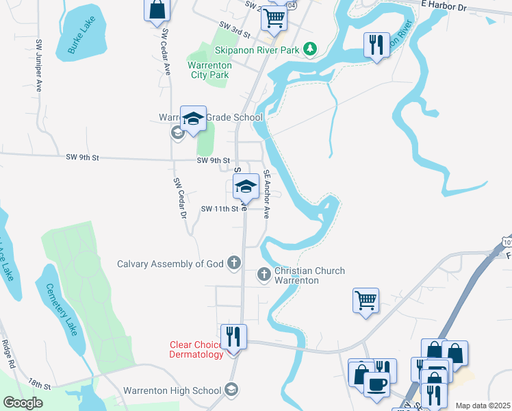 map of restaurants, bars, coffee shops, grocery stores, and more near 1160 South Main Avenue in Warrenton
