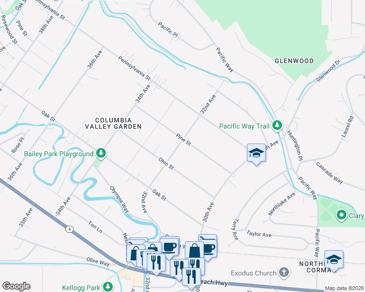 map of restaurants, bars, coffee shops, grocery stores, and more near 3212 Pine Street in Longview