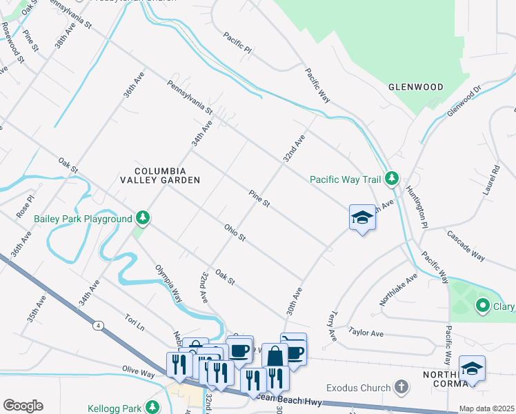 map of restaurants, bars, coffee shops, grocery stores, and more near 3212 Pine Street in Longview