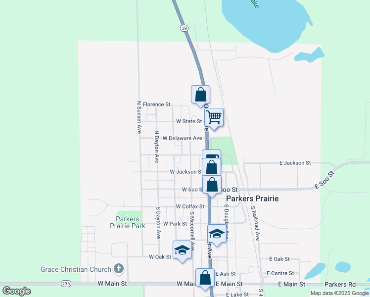 map of restaurants, bars, coffee shops, grocery stores, and more near 322 North McCornell Avenue in Parkers Prairie