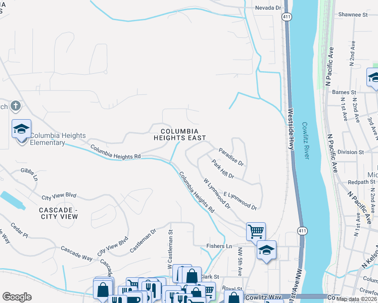 map of restaurants, bars, coffee shops, grocery stores, and more near 2616 Maplewood Drive in Longview