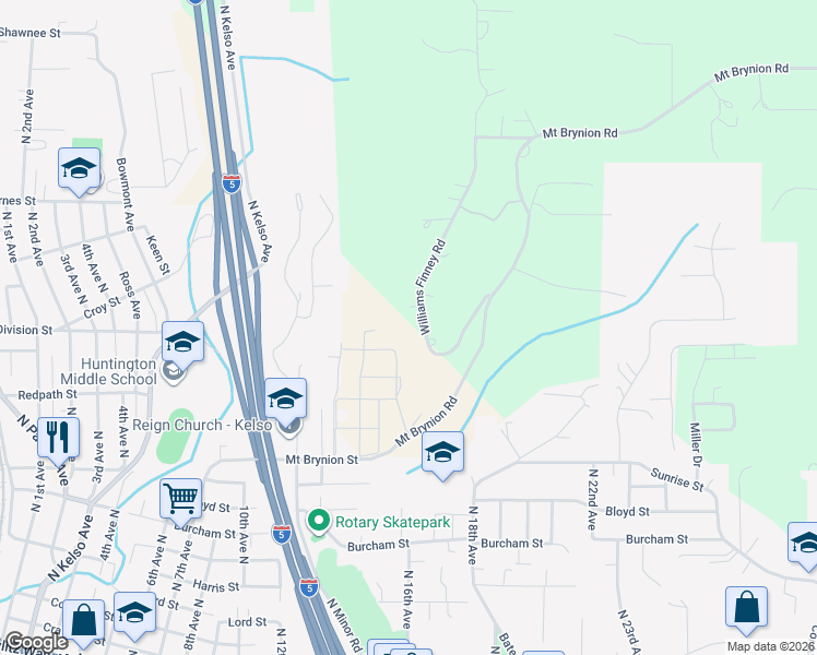 map of restaurants, bars, coffee shops, grocery stores, and more near 222 Williams Finney Road in Kelso