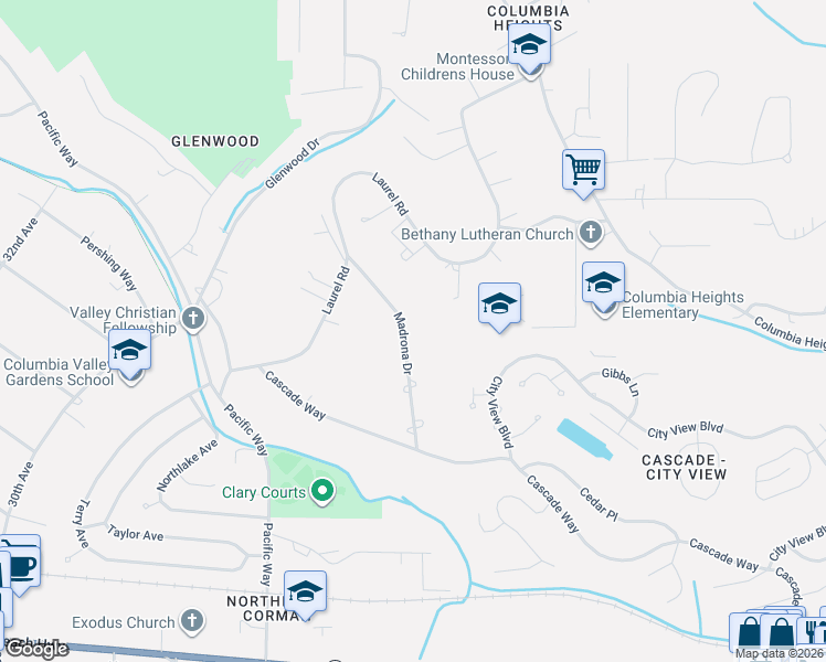 map of restaurants, bars, coffee shops, grocery stores, and more near 2964 Madrona Drive in Longview