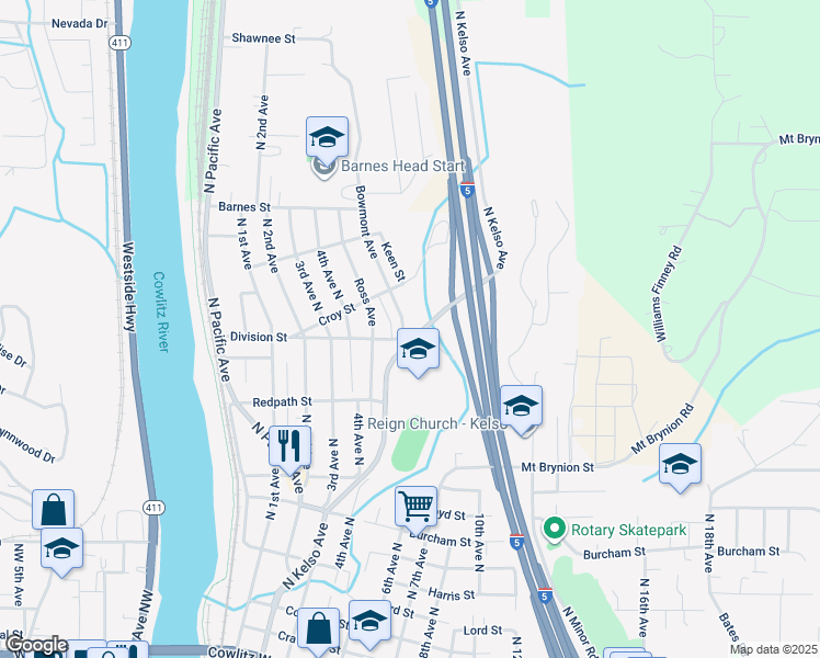 map of restaurants, bars, coffee shops, grocery stores, and more near 1308 Bowmont Avenue in Kelso