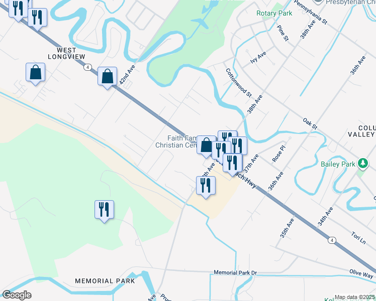 map of restaurants, bars, coffee shops, grocery stores, and more near 3910 Ocean Beach Highway in Longview