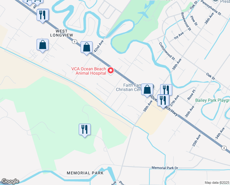 map of restaurants, bars, coffee shops, grocery stores, and more near 2108 40th Avenue in Longview