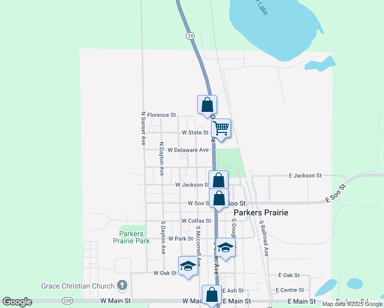 map of restaurants, bars, coffee shops, grocery stores, and more near 322 North McCornell Avenue in Parkers Prairie