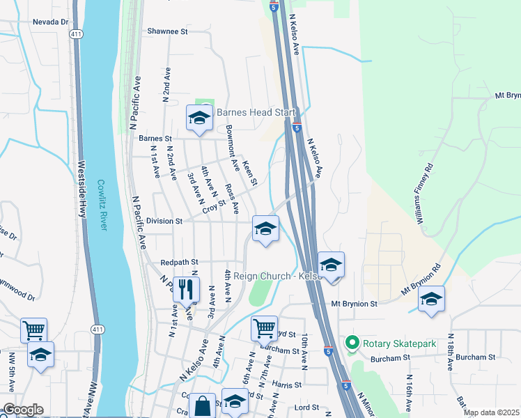 map of restaurants, bars, coffee shops, grocery stores, and more near 1308 Bowmont Avenue in Kelso