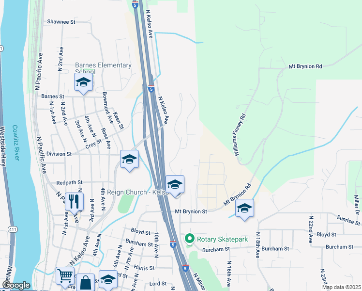 map of restaurants, bars, coffee shops, grocery stores, and more near 1632 North Minor Road in Kelso