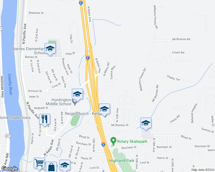 map of restaurants, bars, coffee shops, grocery stores, and more near 1632 North Minor Road in Kelso
