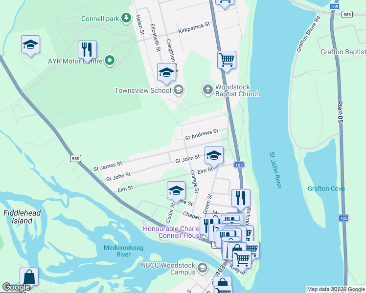 map of restaurants, bars, coffee shops, grocery stores, and more near 130 Saint James Street in Woodstock