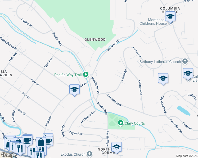 map of restaurants, bars, coffee shops, grocery stores, and more near 2916 Huntington Place in Longview