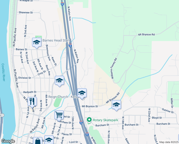 map of restaurants, bars, coffee shops, grocery stores, and more near 1632 North Minor Road in Kelso