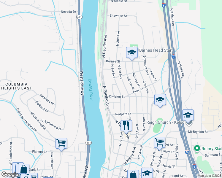 map of restaurants, bars, coffee shops, grocery stores, and more near 1409 Home Ct in Kelso