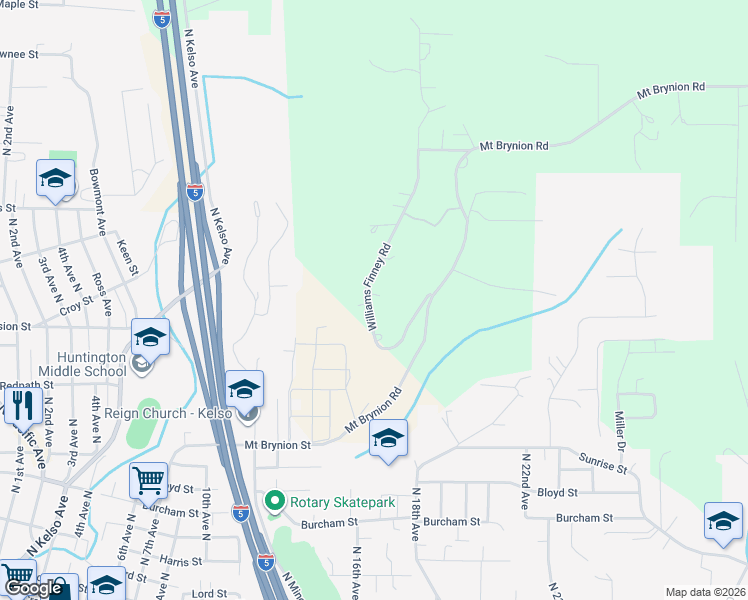 map of restaurants, bars, coffee shops, grocery stores, and more near 222 Williams Finney Road in Kelso