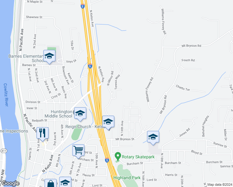 map of restaurants, bars, coffee shops, grocery stores, and more near 1632 North Minor Road in Kelso