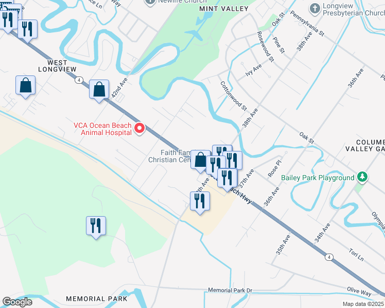 map of restaurants, bars, coffee shops, grocery stores, and more near 3910 Ocean Beach Highway in Longview