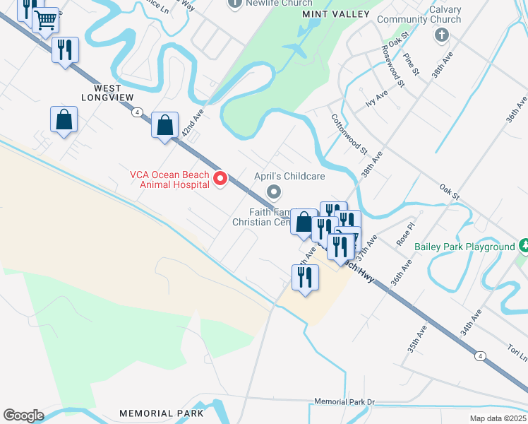 map of restaurants, bars, coffee shops, grocery stores, and more near 3933 Ocean Beach Highway in Longview