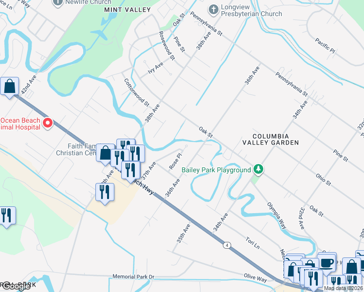 map of restaurants, bars, coffee shops, grocery stores, and more near 2331 Rose Place in Longview