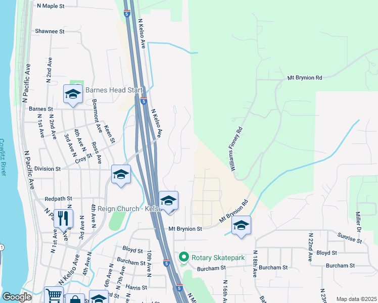 map of restaurants, bars, coffee shops, grocery stores, and more near 1431 North 14th Avenue in Kelso