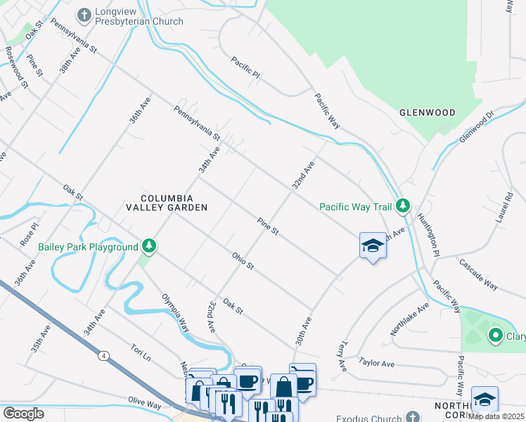 map of restaurants, bars, coffee shops, grocery stores, and more near 3212 Pine St in Longview