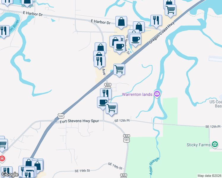 map of restaurants, bars, coffee shops, grocery stores, and more near Southeast 10th Street in Warrenton