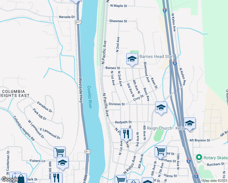 map of restaurants, bars, coffee shops, grocery stores, and more near 1409 Home Court in Kelso