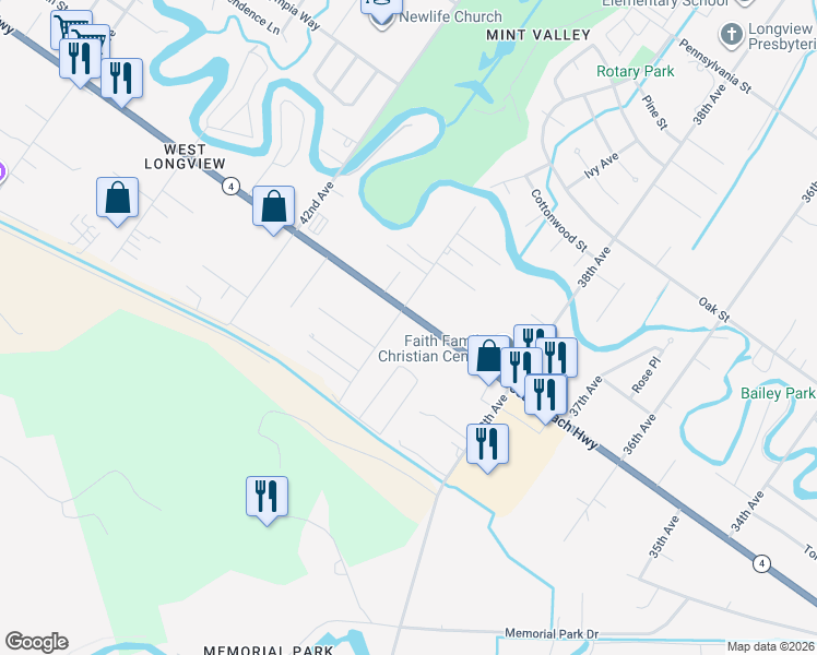 map of restaurants, bars, coffee shops, grocery stores, and more near 2108 40th Avenue in Longview