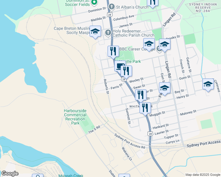 map of restaurants, bars, coffee shops, grocery stores, and more near Ferris Street in Sydney