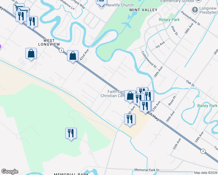 map of restaurants, bars, coffee shops, grocery stores, and more near 2108 40th Avenue in Longview