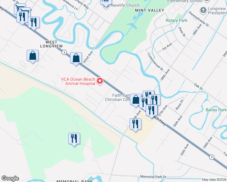 map of restaurants, bars, coffee shops, grocery stores, and more near 3943 Ocean Beach Highway in Longview