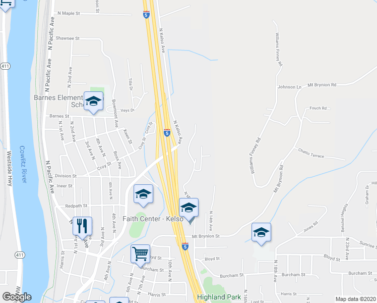map of restaurants, bars, coffee shops, grocery stores, and more near 1642 North Minor Road in Kelso