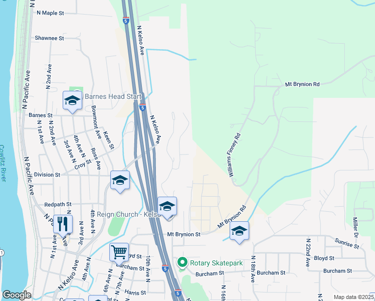 map of restaurants, bars, coffee shops, grocery stores, and more near 1431 North 14th Avenue in Kelso