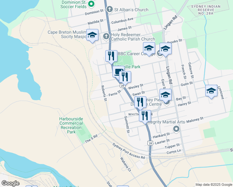 map of restaurants, bars, coffee shops, grocery stores, and more near Ferris Street in Sydney