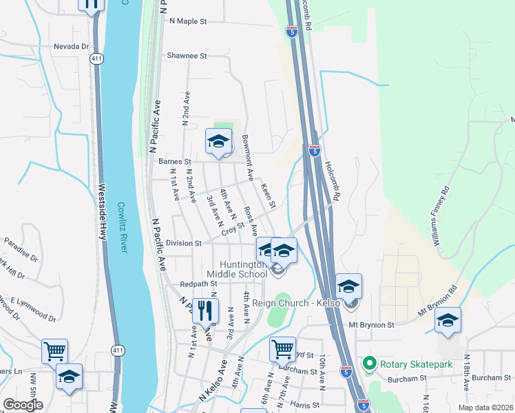 map of restaurants, bars, coffee shops, grocery stores, and more near 1407 Bowmont Avenue in Kelso