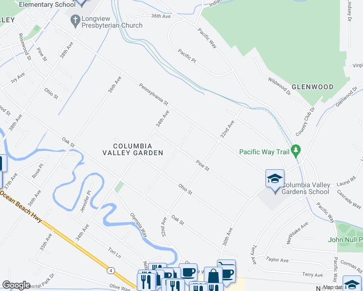 map of restaurants, bars, coffee shops, grocery stores, and more near 3270 Pine Street in Longview